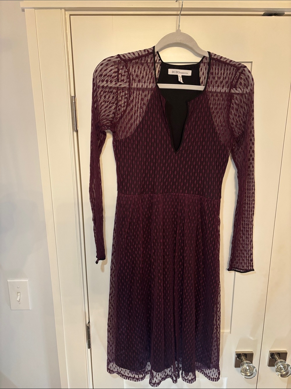 BCBGMaxAzria Deep Plum Sheer Long-Sleeve A-Line Dress